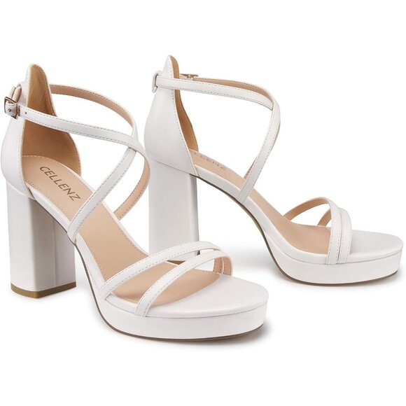 Women's White-Suede Sandal Stylish Comfortable Chunky Blocked Strappy Heel Shoe - Picture 4 of 5